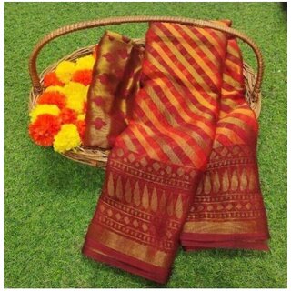                       Amazify Women's Viscose Rayon Printed Saree With Unstitched Blouse (Red)                                              