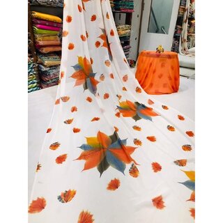                       Amazify Women's Georgette Printed Saree With Unstitched Blouse (Orange)                                              