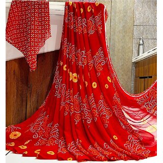                       Amazify Women's Georgette Printed Saree With Unstitched Blouse (Red)                                              