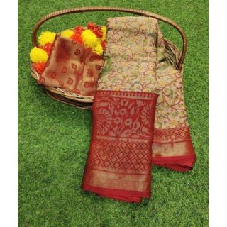                       Amazify Women's Viscose Rayon Printed Saree With Unstitched Blouse (Red)                                              