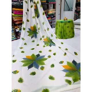                       Amazify Women's Georgette Printed Saree With Unstitched Blouse (Green)                                              