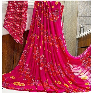                       Amazify Women's Georgette Printed Saree With Unstitched Blouse (Pink)                                              