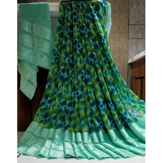                       Amazify Women's Satin Patta Printed Saree With Unstitched Blouse (Teal)                                              