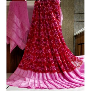                       Amazify Women's Satin Patta Printed Saree With Unstitched Blouse (Pink)                                              