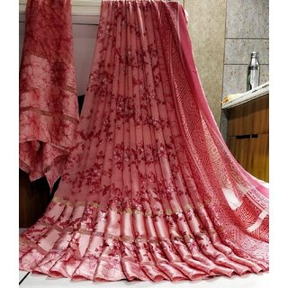                       Amazify Women's Satin Patta Printed Saree With Unstitched Blouse (Pink)                                              