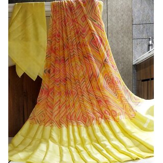 Amazify Women's Satin Patta Printed Saree With Unstitched Blouse (Yellow) Amazify Women's Satin Patta Printed Saree With Unstitched Blouse (Yellow)