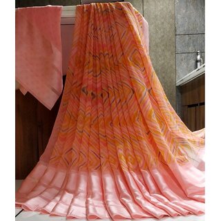                       Amazify Women's Satin Patta Printed Saree With Unstitched Blouse (Peach)                                              