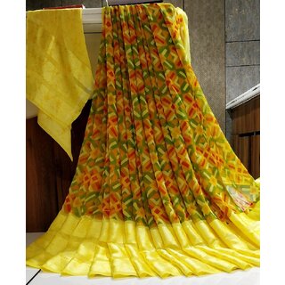                       Amazify Women's Satin Patta Printed Saree With Unstitched Blouse (Yellow)                                              