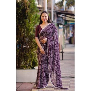                       Amazify Women's Georgette Printed Saree With Unstitched Blouse (Purple)                                              