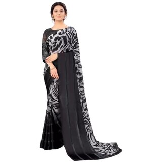                       Amazify Women's Satin Patta Printed Saree With Unstitched Blouse (Grey)                                              