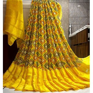 Amazify Women's Satin Patta Printed Saree With Unstitched Blouse (Yellow) Amazify Women's Satin Patta Printed Saree With Unstitched Blouse (Yellow)