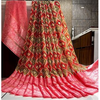                       Amazify Women's Satin Patta Printed Saree With Unstitched Blouse (Pink)                                              