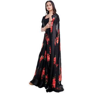                       Amazify Women's Satin Patta Printed Saree With Unstitched Blouse (Red)                                              