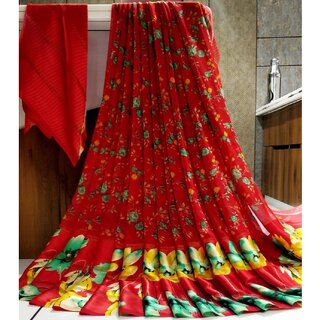                       Amazify Women's Satin Patta Printed Saree With Unstitched Blouse (Red)                                              