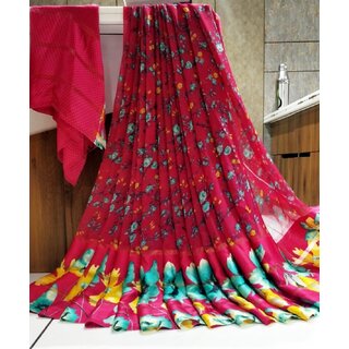                       Amazify Women's Satin Patta Printed Saree With Unstitched Blouse (Pink)                                              