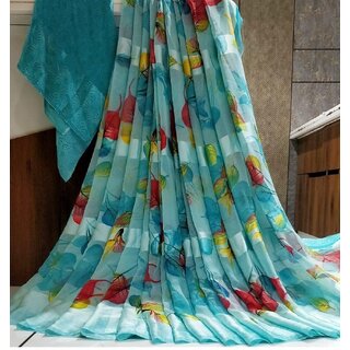 Amazify Women's Satin Patta Printed Saree With Unstitched Blouse (Skyblue) Amazify Women's Satin Patta Printed Saree With Unstitched Blouse (Skyblue)