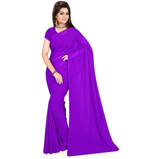                       Amazify Women's Georgette Plain Saree With Blouse (Purple, 5-6 Mtrs)                                              