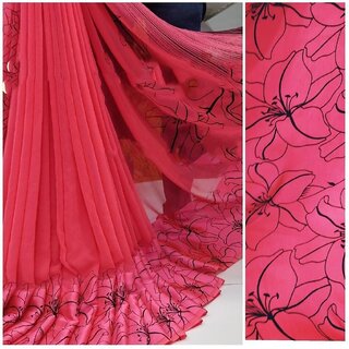                       Amazify Women's Satin Patta Printed Saree With Unstitched Blouse (Pink)                                              