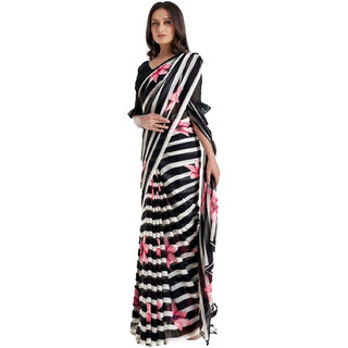                       Amazify Women's Georgette Printed Saree With Unstitched Blouse (Black)                                              