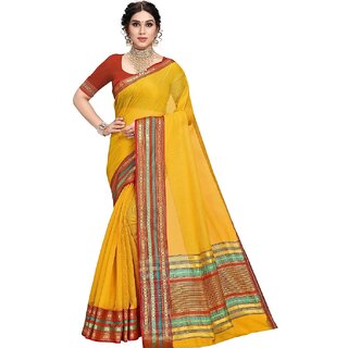 Amazify Women's Kota Doria Cotton Bordered Saree With Blouse (Yellow, 5-6 Mtrs) Amazify Women's Kota Doria Cotton Bordered Saree With Blouse (Yellow, 5-6 Mtrs)
