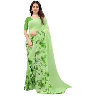                       Amazify Women's Georgette Printed Saree With Unstitched Blouse (Green)                                              