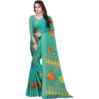                       Amazify Women's Viscose Rayon Printed Saree With Unstitched Blouse (Teal)                                              