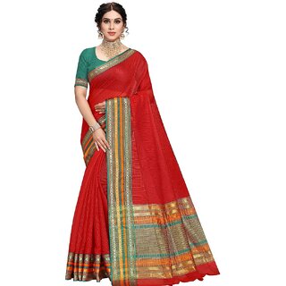 Amazify Women's Kota Doria Cotton Bordered Saree With Blouse (Red, 5-6 Mtrs) Amazify Women's Kota Doria Cotton Bordered Saree With Blouse (Red, 5-6 Mtrs)