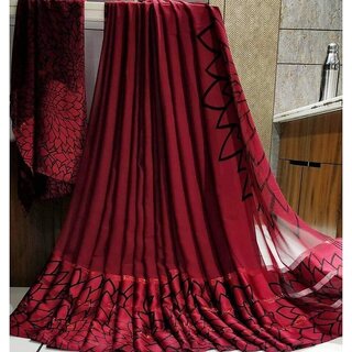                       Amazify Women's Satin Patta Printed Saree With Unstitched Blouse (Maroon)                                              