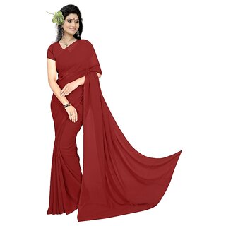                       Amazify Women's Georgette Plain Saree With Blouse (Maroon, 5-6 Mtrs)                                              