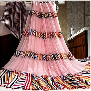                       Amazify Women's Satin Patta Printed Saree With Unstitched Blouse (Pink)                                              