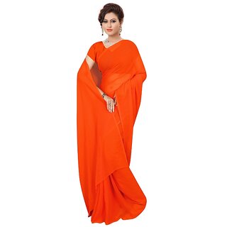                      Amazify Women's Georgette Plain Saree With Blouse (Orange, 5-6 Mtrs)                                              
