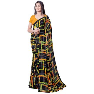                       Amazify Women's Georgette Printed Saree With Unstitched Blouse (Yellow)                                              
