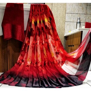                       Amazify Women's Satin Patta Printed Saree With Unstitched Blouse (Red)                                              