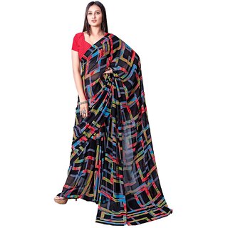                       Amazify Women's Georgette Printed Saree With Unstitched Blouse (Red)                                              