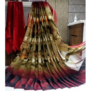                       Amazify Women's Satin Patta Printed Saree With Unstitched Blouse (Beige)                                              