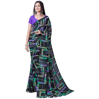                       Amazify Women's Georgette Printed Saree With Unstitched Blouse (Green)                                              