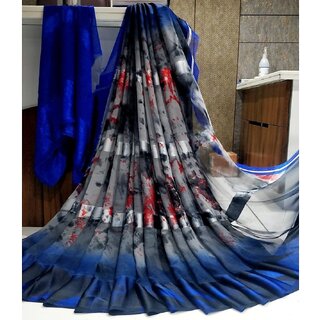                       Amazify Women's Satin Patta Printed Saree With Unstitched Blouse (Grey)                                              