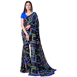                       Amazify Women's Georgette Printed Saree With Unstitched Blouse (Blue)                                              
