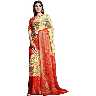                       Amazify Women's Viscose Rayon Printed Saree With Unstitched Blouse (Red)                                              