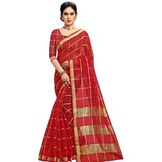                       Amazify Women's Kota Doria Cotton Checked Saree With Blouse (Red, 5-6 Mtrs)                                              