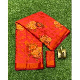                       Amazify Women's Viscose Rayon Printed Saree With Unstitched Blouse (Red)                                              