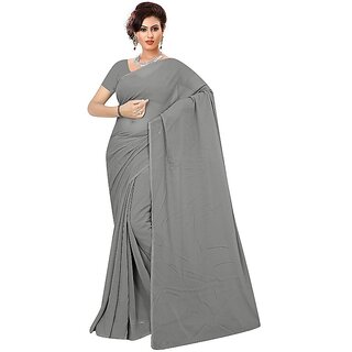                       Amazify Women's Georgette Plain Saree With Blouse (Grey, 5-6 Mtrs)                                              