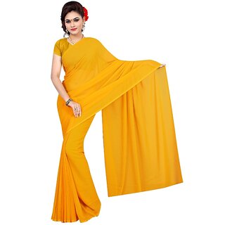                       Amazify Women's Georgette Plain Saree With Blouse (Gold, 5-6 Mtrs)                                              
