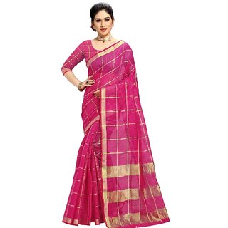                       Amazify Women's Kota Doria Cotton Checked Saree With Blouse (Rani, 5-6 Mtrs)                                              