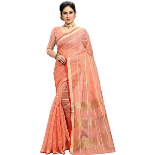 Amazify Women's Kota Doria Cotton Checked Saree With Blouse (Peach, 5-6 Mtrs) Amazify Women's Kota Doria Cotton Checked Saree With Blouse (Peach, 5-6 Mtrs)