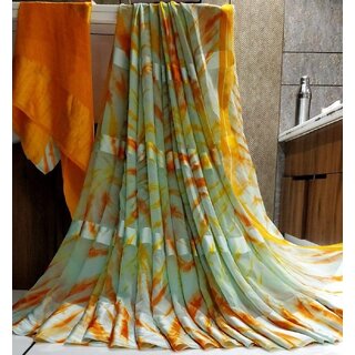                       Amazify Women's Satin Patta Printed Saree With Unstitched Blouse (Green)                                              
