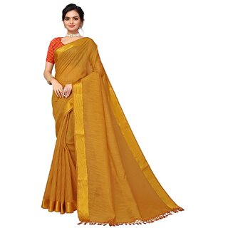                       Amazify Women's Cotton Blend Stripe Pattern Sarees (Mustard, 5-6 Mtrs)                                              