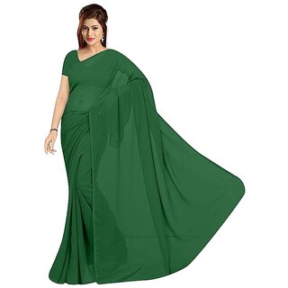                       Amazify Women's Georgette Plain Saree With Blouse (Dark Green, 5-6 Mtrs)                                              