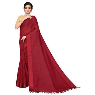                       Amazify Women's Cotton Blend Stripe Pattern Sarees (Maroon, 5-6 Mtrs)                                              