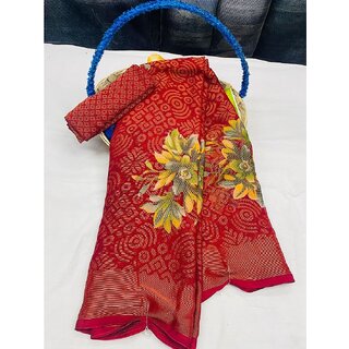                       Amazify Women's Viscose Rayon Printed Saree With Unstitched Blouse (Red)                                              